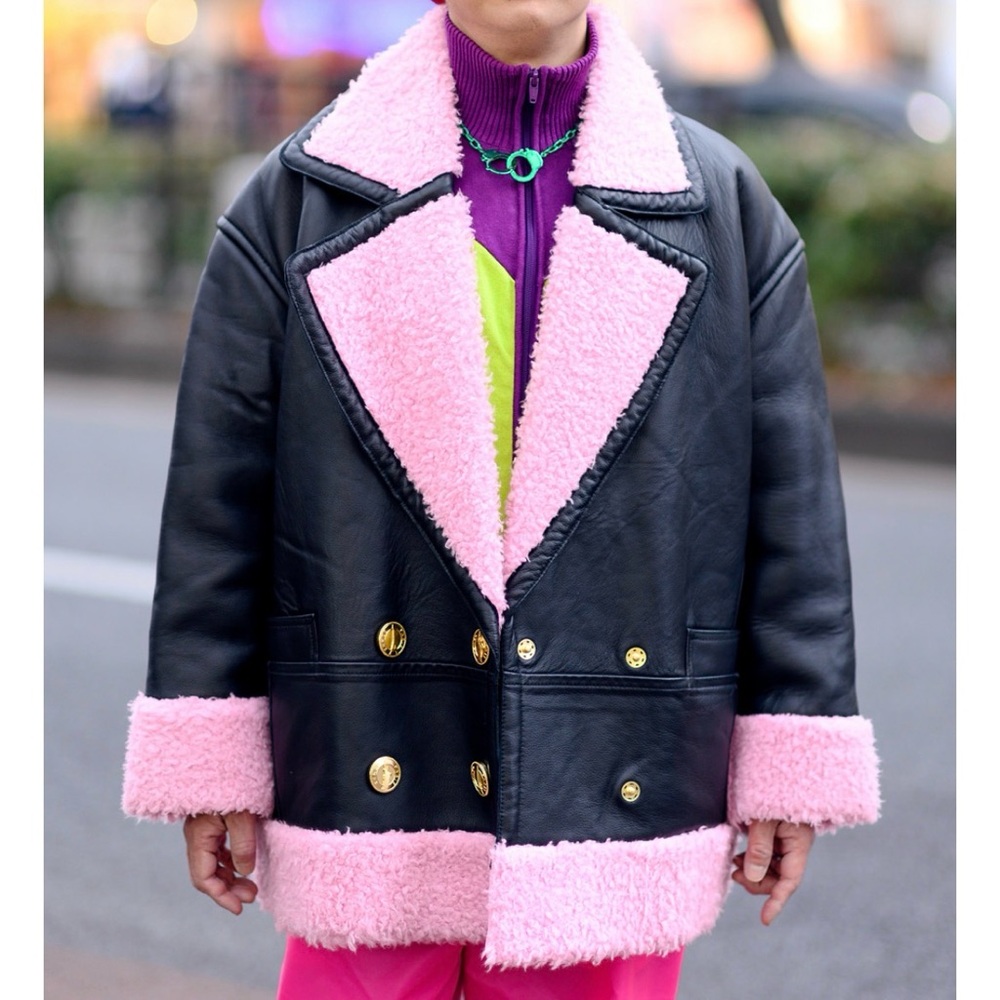Kenzo Black and Pink Shearling Leather Jacket